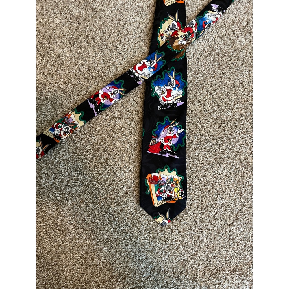 Looney Tunes Mens Necktie OS Black Vintage 1995 Christmas Bugs Bunny Santa Tie